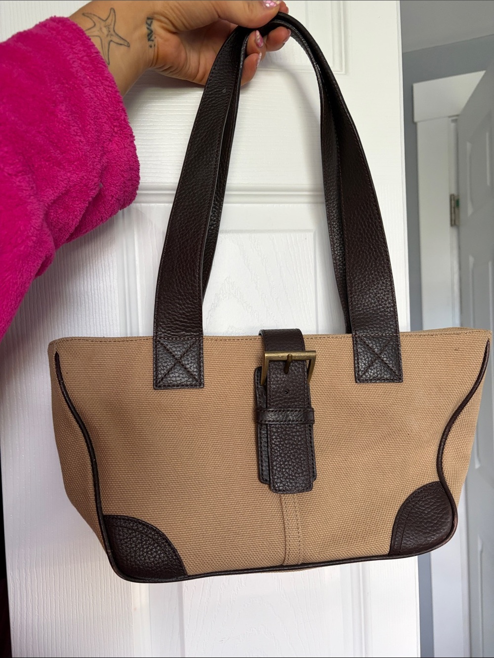 Eddie Bauer Canvas and Leather Tote Bag in Tan and Dark Brown